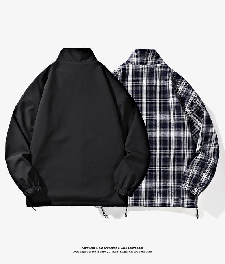 Trendy Cross-Lattice Double-Sided Spring/Autumn Cool Streetwear Jacket with Stand Collar