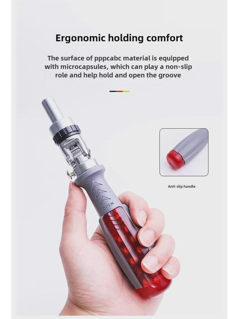 Versatile Multi-Angle Ratchet Screwdriver Set with Cross, Plum, and Hex Bits.