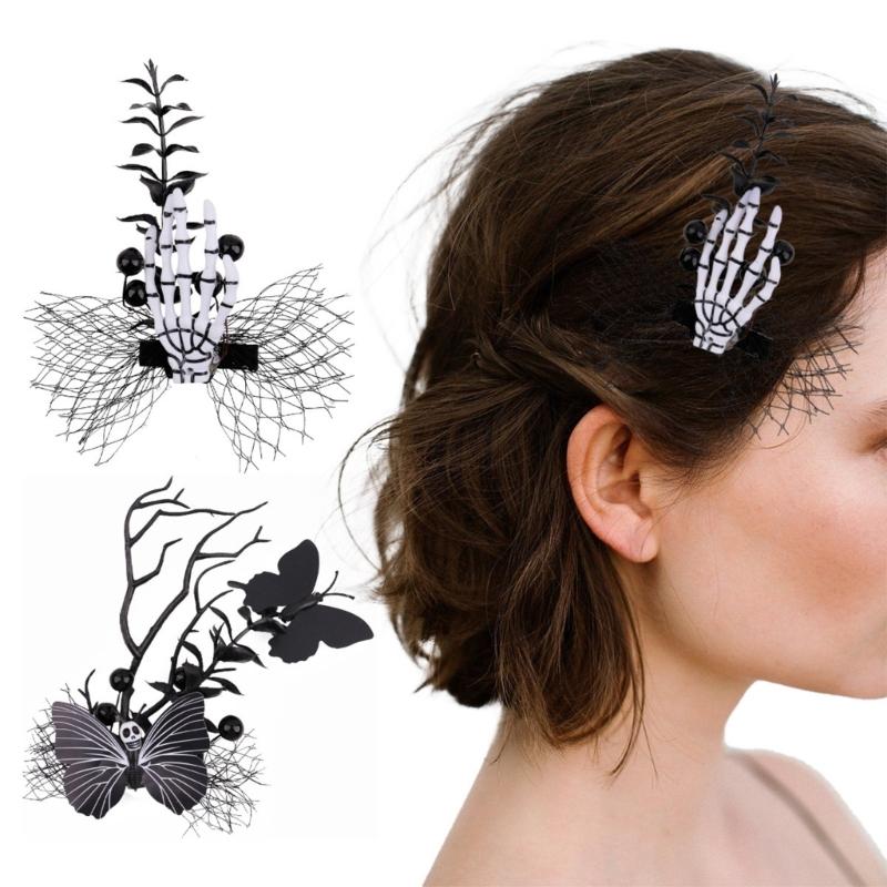Halloween Hair Clip With Black Butterfly Bone Claw Skull Design For Women Girls Party Accessory