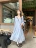 [Original fabric + inner lining] Lazy wind glacier blue lantern sleeve dress women's autumn loose irregular long