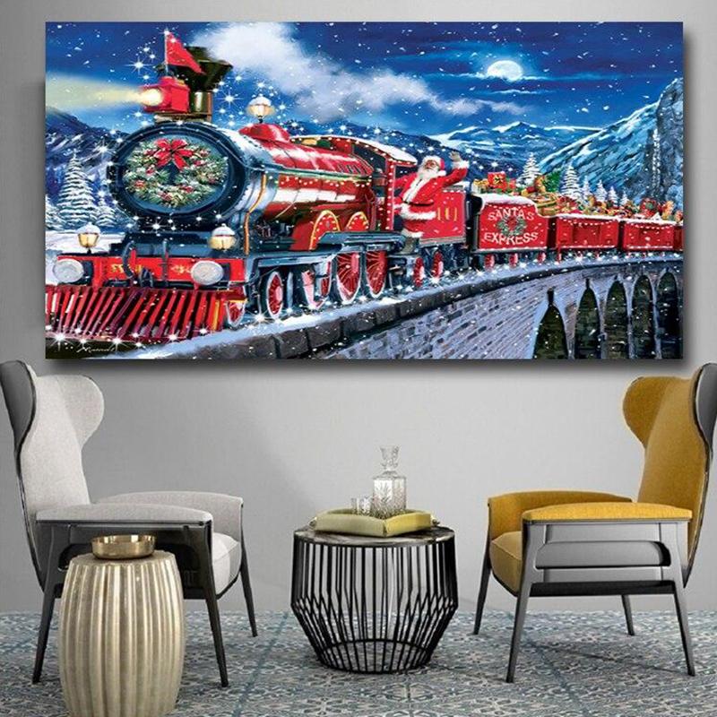 Fantasy Christmas Santa Claus Train Diamond Art 5D Diamond Painting Snowman Snow Mountain Full Drill Embroidery Mosaic Q414