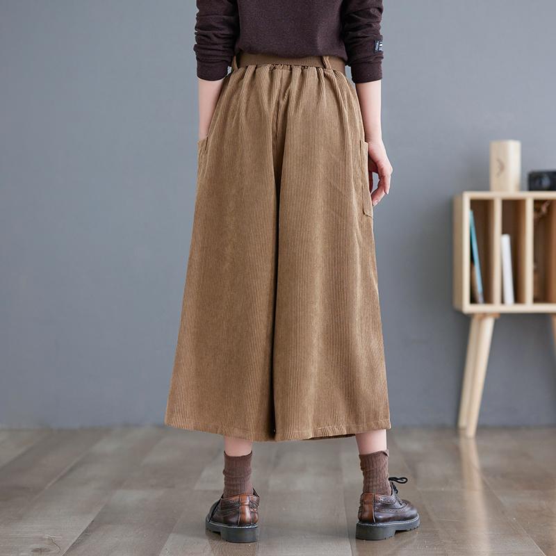 Pantaloni Donna Casual Monocolore Gamba Larga Autunno Tasche Grandi Vintage Vita Elastica Pantaloni Larghi Taglie Forti