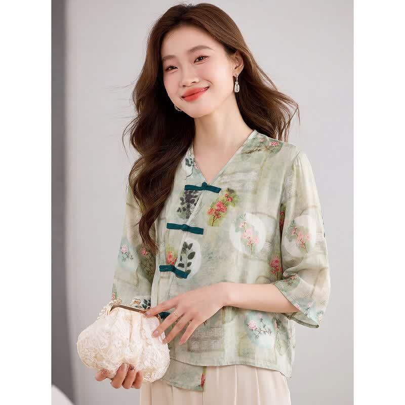 ORIGIN Women s Chinese Style Asymmetrical Seven-Quarter Sleeve Shirt L