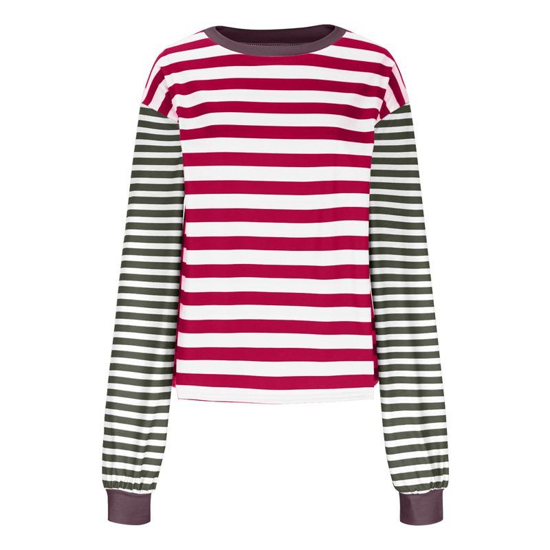 Plus Size Women's Spring and Autumn New Loose Casual Striped Round Neck Long Sleeve T shirt