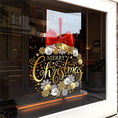 1pc Christmas Decoration Glass Sticker Golden Snowflake Red Bow Christmas Wreath Bedroom Door Window Sticker Static Cling Decals