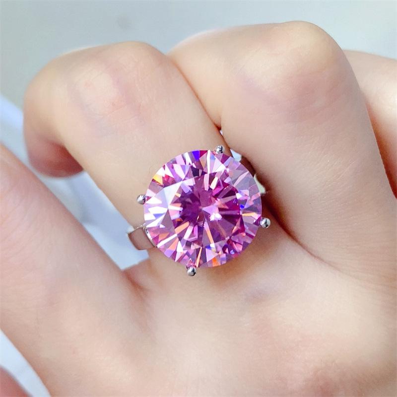 Pink Moissanite 10-Carat Four-Prong Ring - Pigeon s Egg Color with Eight Hearts & Arrows, Passes Diamond Tester Size 17