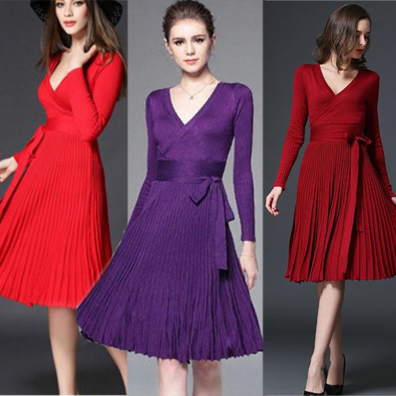 Buy New Fashion Elegant Women V Neck Long Sleeve Pleated Dress Winter