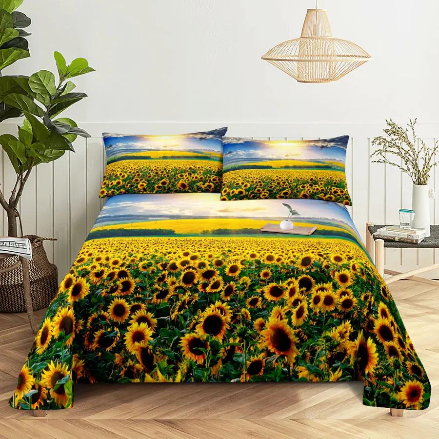 Sunflower Bed Sheets and Pillowcases for Single Double Beds Bedsheets Set with Pillow Case 2pcs 3pcs Queen Full Size 3D Soft