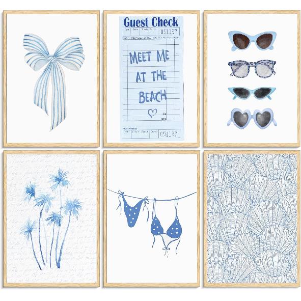 6Pcs Coast Bikini Preppy Canvas Wall Art Blue Shell Bow Coquette Picture Wall Decor Meet Me At The Beach Coastal Granddaughter Poster Print Artwork