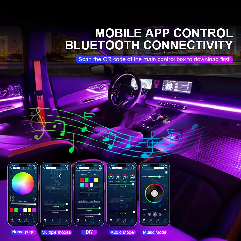 10/14/18 In 1 Led Car Ambient Lights Bluetooth App Control Acrylic Fiber Optic Strip RGB 64 Color Atmosphere Decorative Lamp 12V