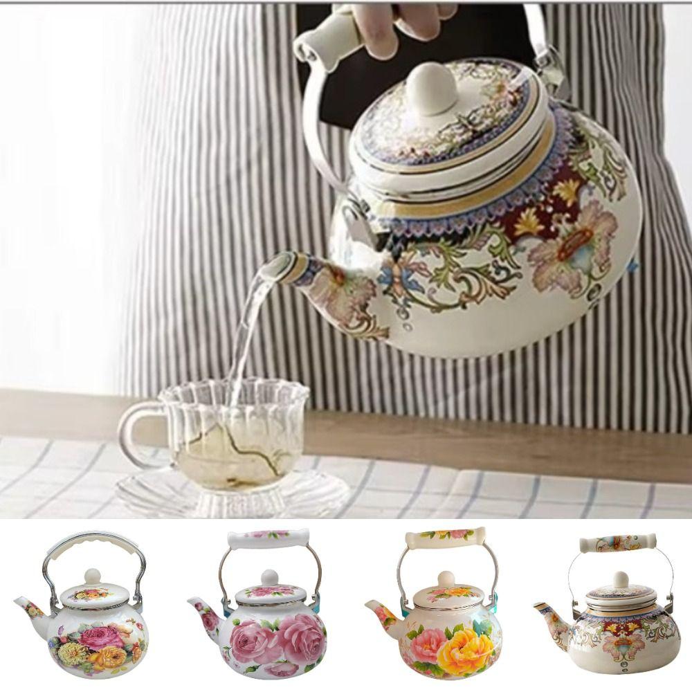 Thickened Chinese Style Enamel Teapot 2.5L Floral Enameled Tea Jug Pear-shaped Antiscald Handle Coffee Pot Gas Induction Cooker