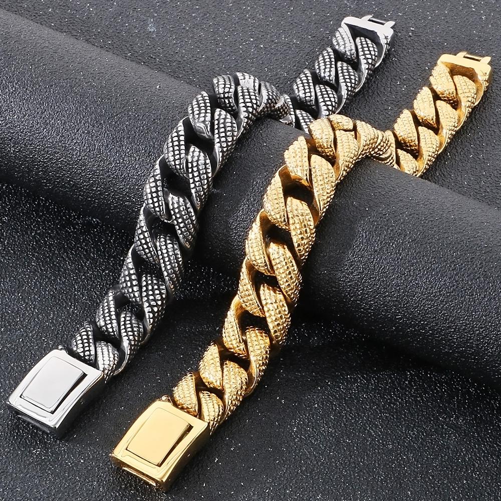 Gótikus Férfi Karkötők Vintage 15MM Szélességű Tömör Rozsdamentes Acél Kockalánc Kubai Lánc Karkötő Férfi Férfi Ékszerek Ajándékok 2 Szín