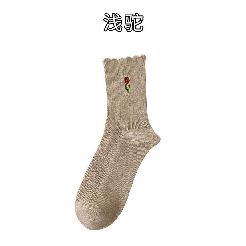 Socks, Women'S Double-Needle Cotton Socks, Medium Socks, Xiaohongshu Explosive Tulip Flower Socks, Embroidered Cotton Socks
