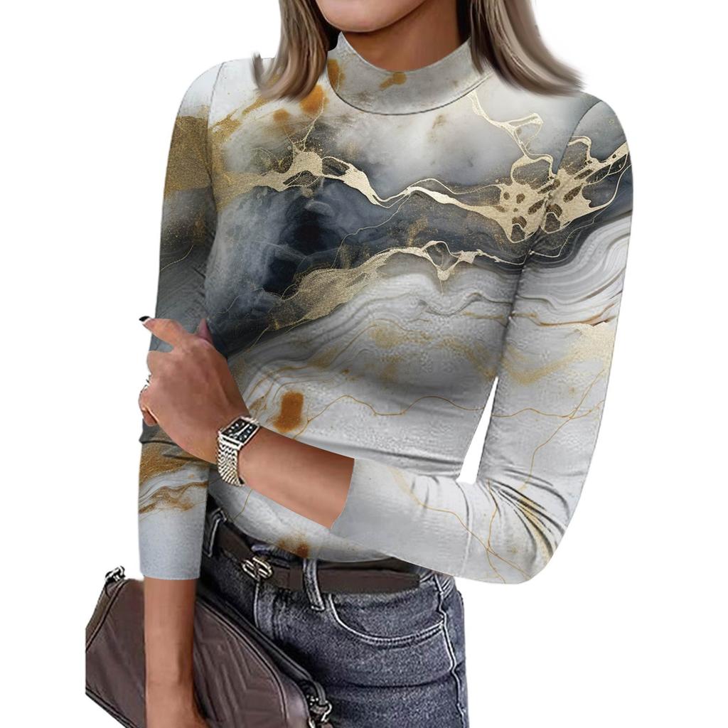 Damen Slim Bottom T-Shirt Mode Lässig Farbverlauf Druck Rundhals Pullover 3/4 Ärmel Top