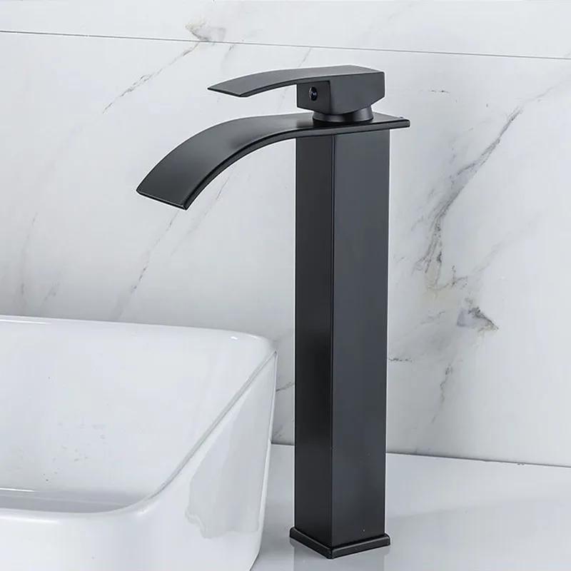 Black Stainless Steel Basin Faucet Waterfall High Style Wash And Cold Mixer Faucets Sink Faucets Countertop Installation