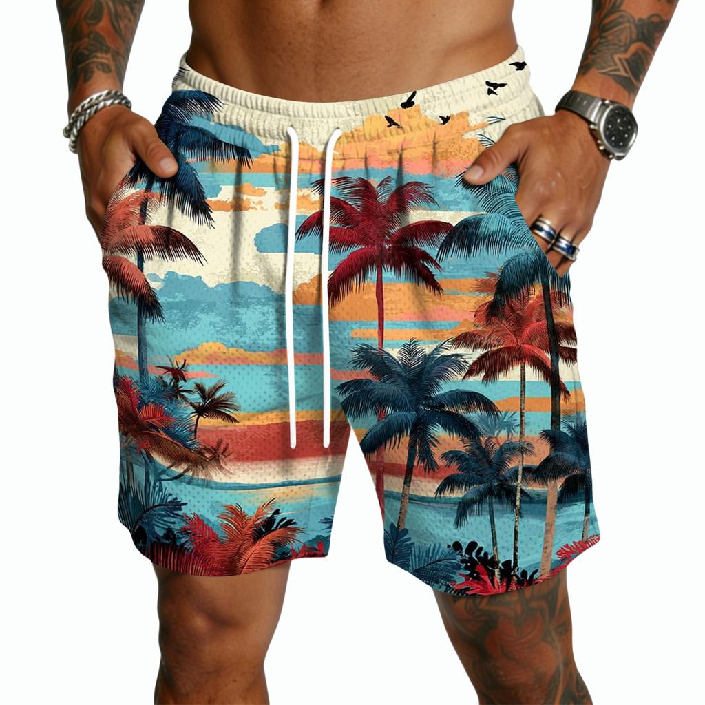 Men's Casual Hawaiian Print Drawstring Shorts Lightweight Quick Dry Beachwear Five Inch Inseam Swim Trunks with Pockets