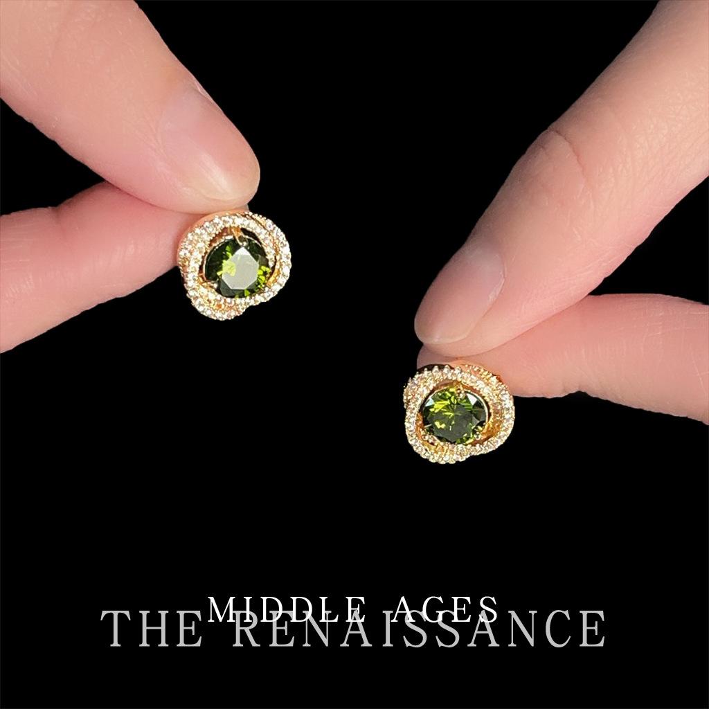 Medieval olive green micro-inlaid zircon stud earrings geometric design temperament earrings earrings