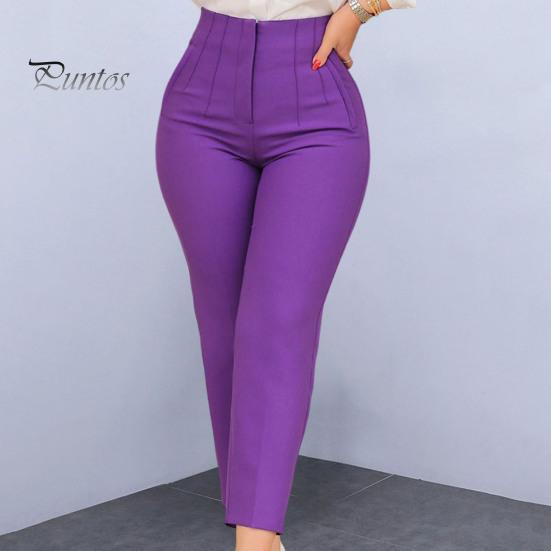 Work Pants High Waist Pleated Pockets Ninth-Length Women Trousers Female Solid Color Straight Leg Suit Office