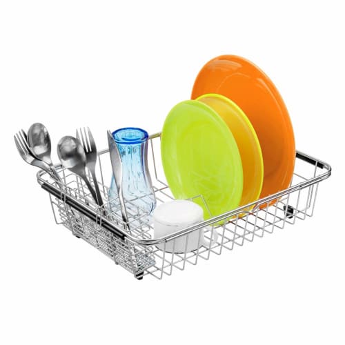SANNO Expandable Wire Dish Drainer, Sliding Dish Drainer, Dish Drainer Rack, Kitchen Rack, Dish Holder with Cutlery Holder, Stainless Steel
