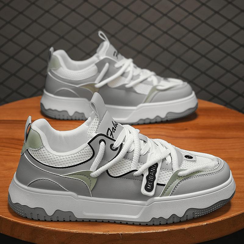Men'S Shoes Leather Splicing Mesh Breathable Board Shoes Cross Strap Low Top Men'S Casual Sports Shoes