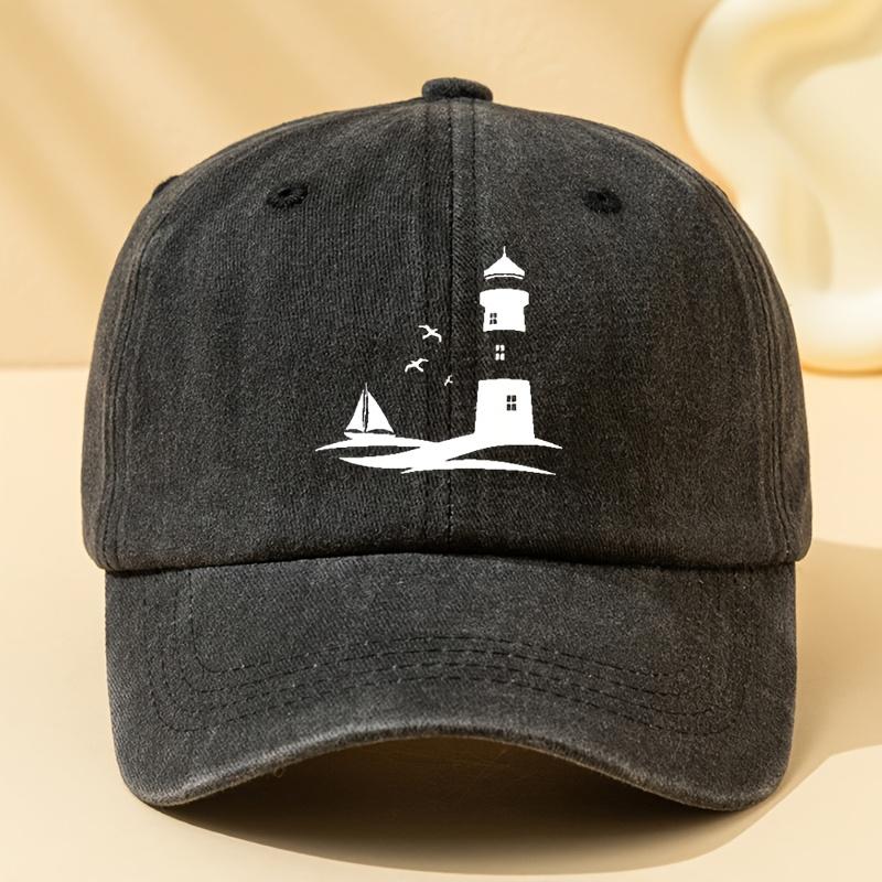 Lighthouse Sailboat Graphic Baseball Cap Unisex Washed Polyester Vintage Casual Outdoor Sports Cap One Size