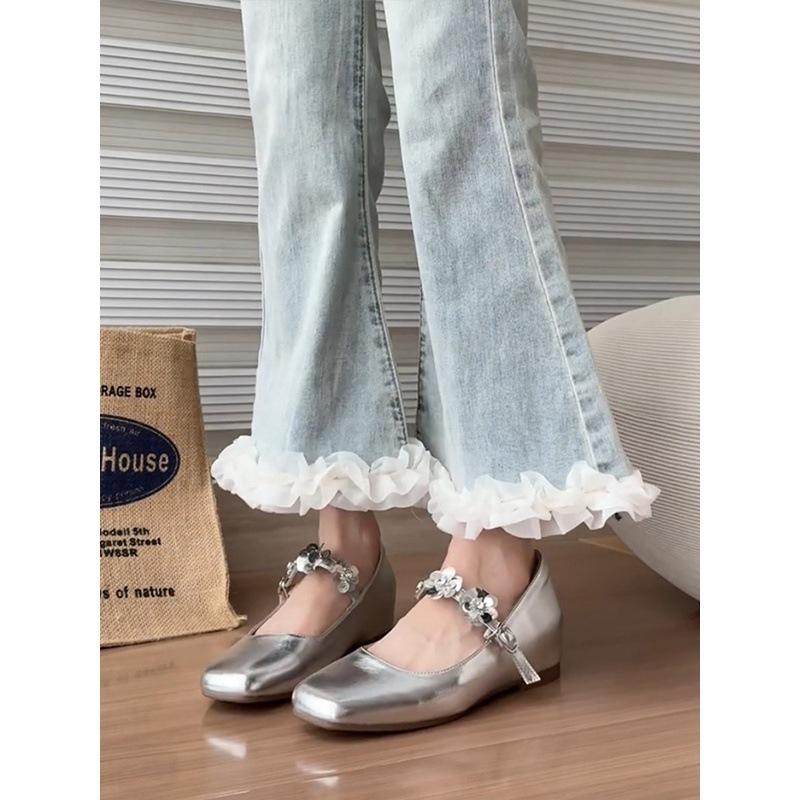 French sequined silver small inner height increase 5cm light mouth single shoes women's Mary Jane evening shoes