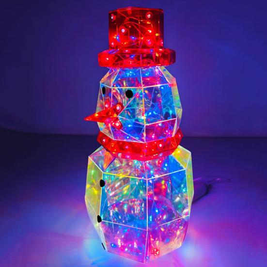 LED Prismatic Iridescent Snowman Ornaments USB Powered 3D Light Up Snowman Colorful Christmas Night Light for Home Party