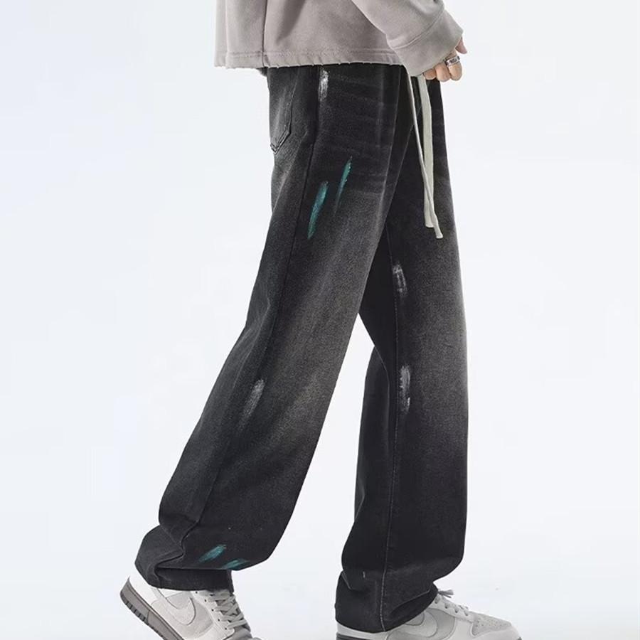 American High Street Tie-dye Ink-splashing Wide-leg Jeans Men's Trendy Brand Washed Autumn Old Style Straight Trousers