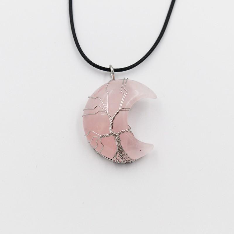 Handcrafted Geometric Moon Pendant Necklace With Natural Stone Wire-Wrapped Tree Design Women