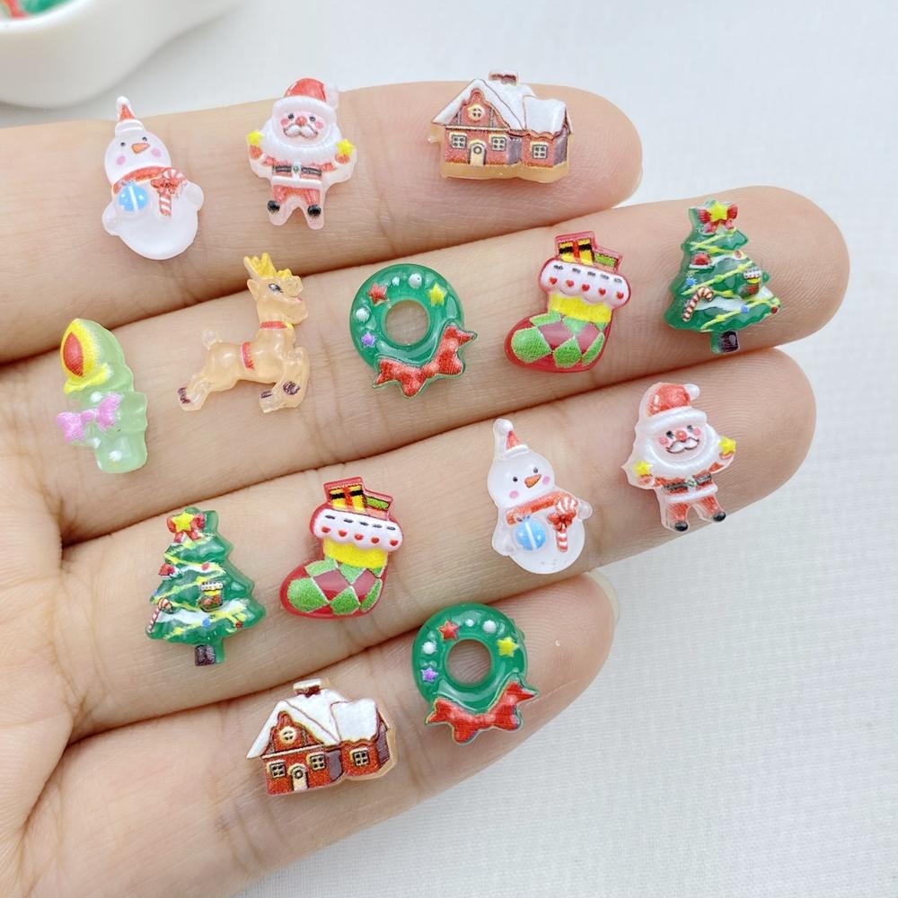 50Pcs New Cute Resin Small Santa Claus, Snowman, Tree Series Flat Back Ornament Jewelry Making Manicure Hairwear Accessories