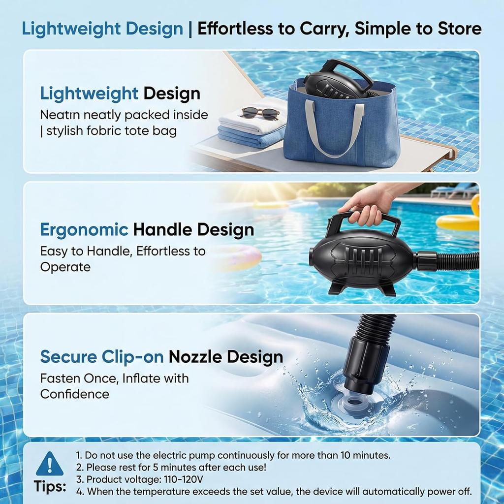 Pompa ad Aria Elettrica, Gonfiatore/Sgonfiatore Rapido da 400W, 110–120V AC con 4 Ugelli, Gonfiaggio Rapido ad Alta Pressione per Materasso ad Aria, Galleggianti da Piscina, Zattere