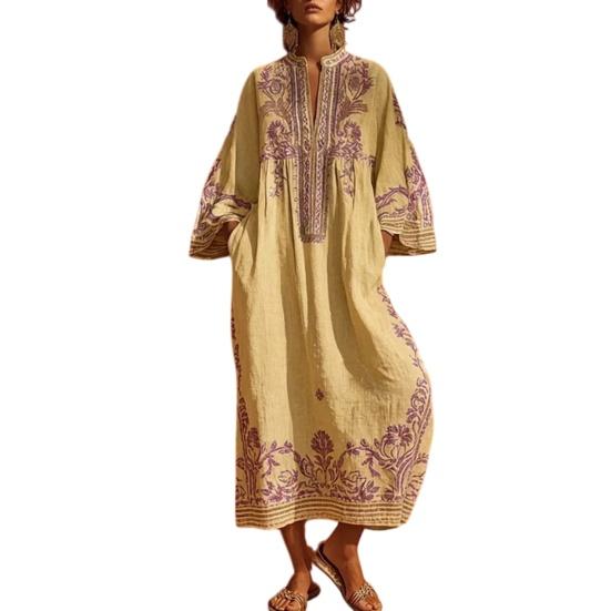 Abito Lungo Boho Casual da Donna, Estivo Lungo Bohémien con Stampa Ricamata, Manica 3/4 Scollo a V Svasato, Abiti da Vacanza con Tasche