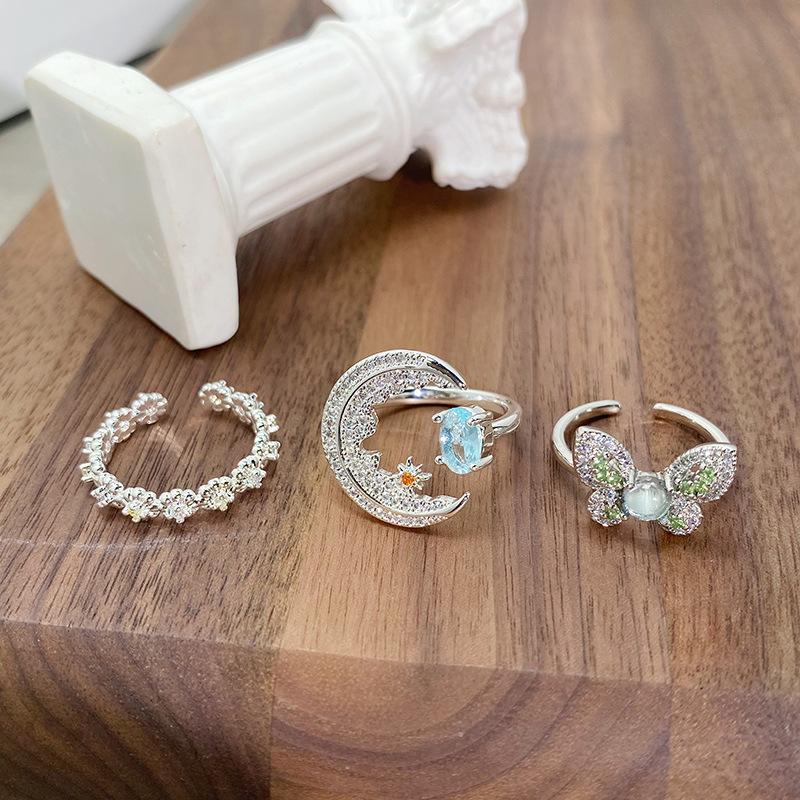 Micro-Inlaid Zircon Moon Star Colored Treasure Open Ring Niche Temperament Light Luxury High-End Butterfly Flower Ring Woman