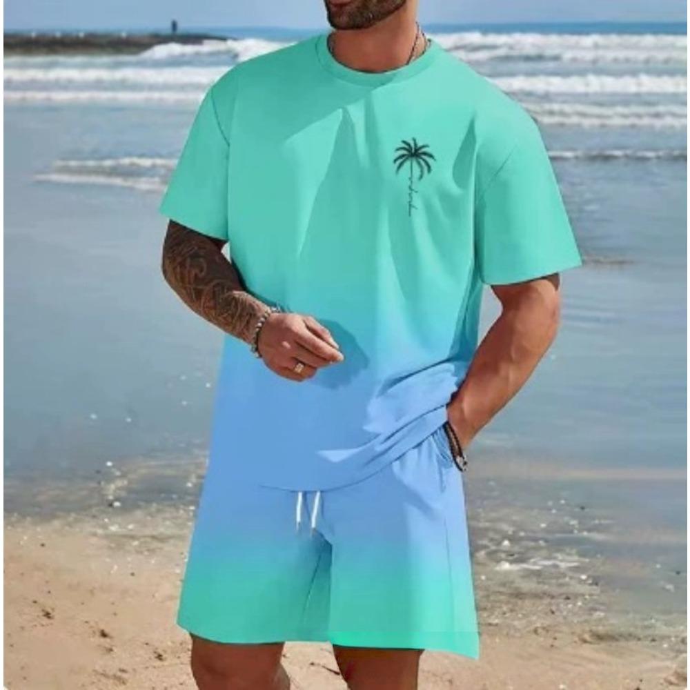 Summer Men's Fashionable Gradient Color 3D Digital Printed Round Neck Short Sleeved Shorts Set Loose Oversized Breathable Comfortable Sports Wear