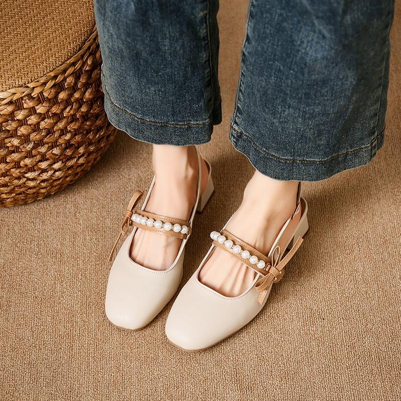 Thick medium heel bag head sandals summer wear women's fashion versatile pearl one-button sandals