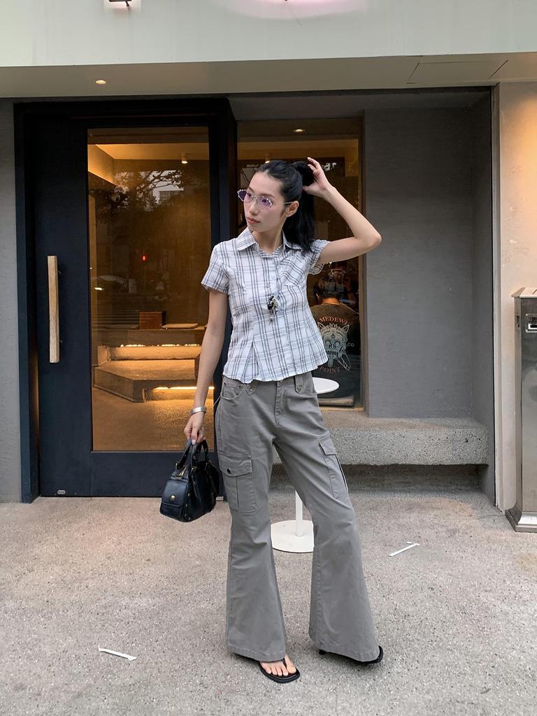 9hour Damen High-End Karohemd im koreanischen Stil, Frühling/Sommer 2026, Seitlicher Kordelzug zur Taillenbetonung, m3889