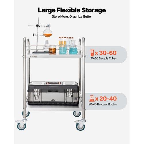 VEVOR Stainless Steel Cart, 2-Tier Rolling Lab Utility Cart with Lockable Wheels, Medical Serving Trolley Clinic Tray