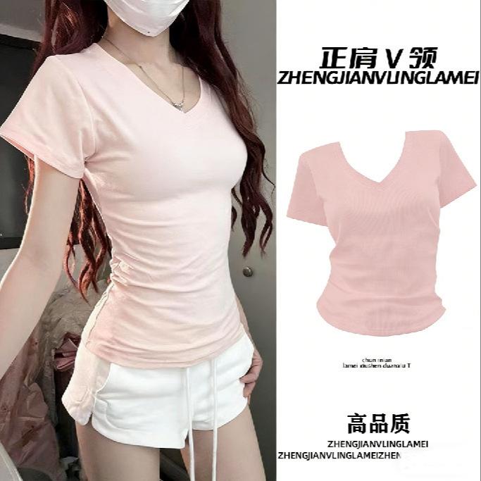 Pure Desire Sexy V-neck Low-cut Waist Short-sleeved T-shirt for Women's Summer Sexy Babes Solid Color Slim-fit Bottoming Top for Women