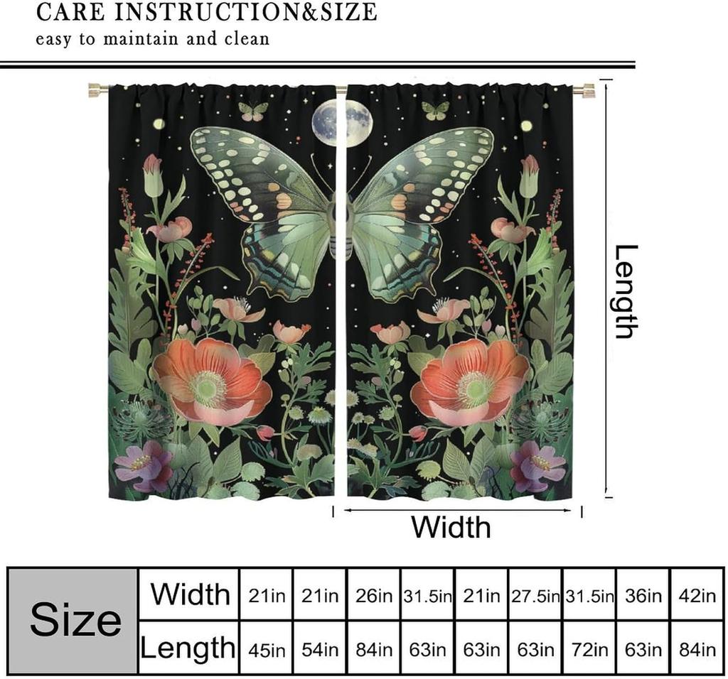Bohemian Moth Wildflower Curtains Rustic Farmhouse Natural Butterfly Floral Moon Window Drapes Bedroom Living Roo Curtain Light Blocking Polyester