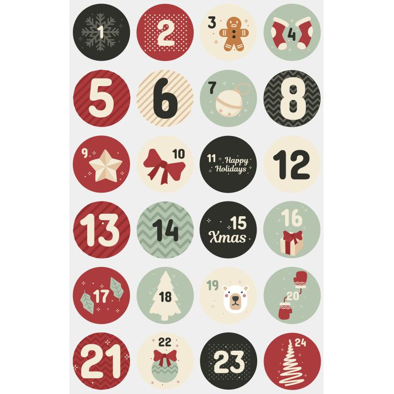 24Pcs/sheet Christmas Advent Calendar Number Sticker DIY Cookie Candy Packaging Sticker Gift Bag Wrapping Seal Dot Label