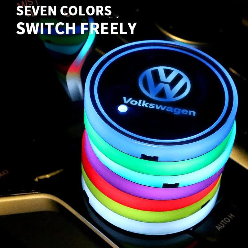 Auto Logo Getränkehalter Bodenmatte LED-Licht Bunter Untersetzer Für Volkswagen VW GTI Rline R Polo Golf Passat Tiguan Autozubehör