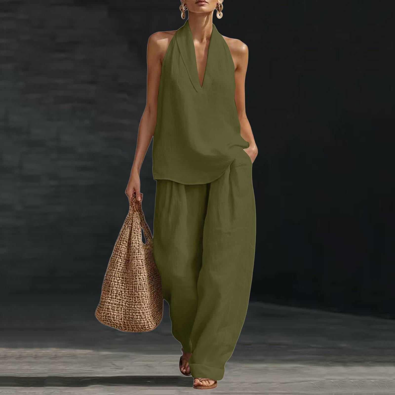 Women s Sleeveless Loose Fit Halter Neck Top and Wide Leg Pants Two Piece Set Casual Summer Outfit Lightweight Fabric L