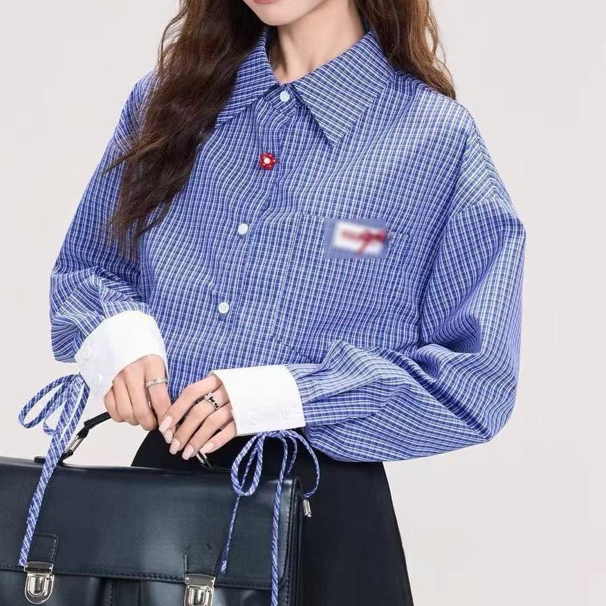 

Spring/Autumn 2025 Blue Plaid Patchwork Loose Long Sleeve Tie Shirt L [Up to 115 lbs]