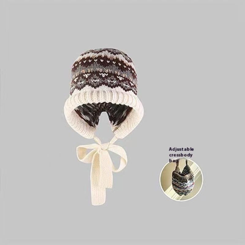 Korean Hood Scarf Balaclava Hat Ear Protection Warm Bomber Hats Women Retro Strap Bow Beanies Winter Accessories Knitted Law Hat
