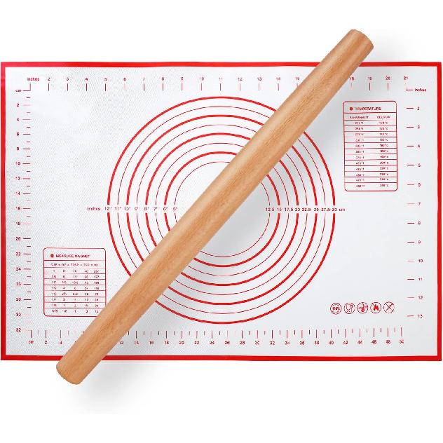 Wood French Rolling Pin for Baking, QUELLANCE Wooden Dough Roller with Silicone Baking Mat, Beech Wood Rolling Pins for Baking Dough, Pizza, Pie,
