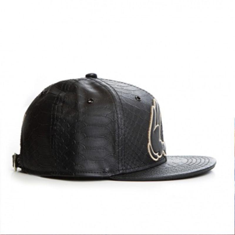 Hands Embroidery Faux Leather Flat Brim Snapback Cap Adjustable Hip Hop Hat
