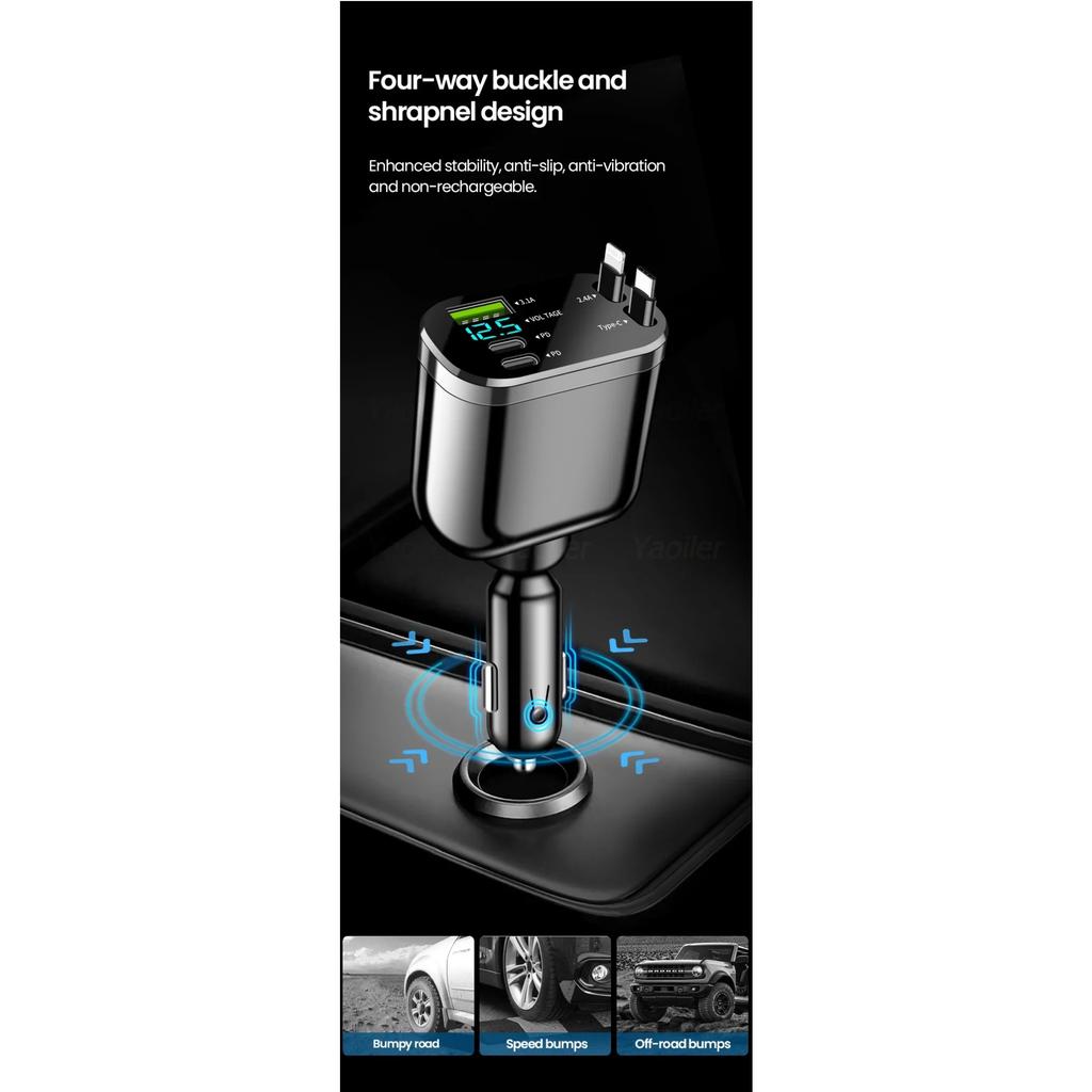 NEW 5-IN-1 100W Retractable Car Charger Mobile Phone USB PD Type C Cable for IPhone Fast Charge Cord Car Socket Adapter