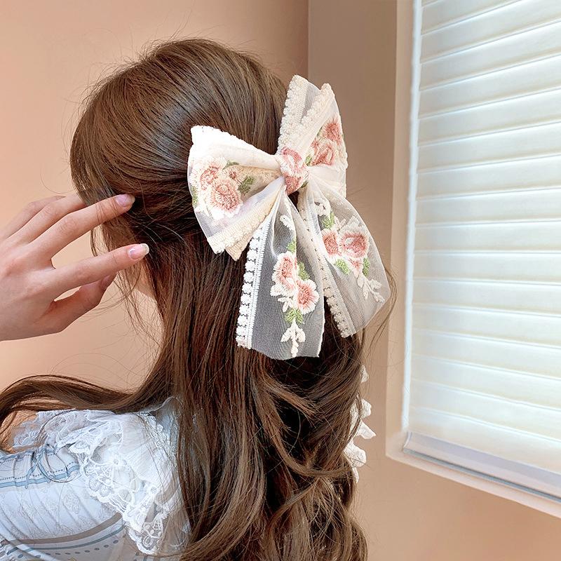 Embroidered Bow Hairpin Lace Hair Clip Sweet Back Of The Head Duckbill Clip  Hair Accessories For Girl Woman