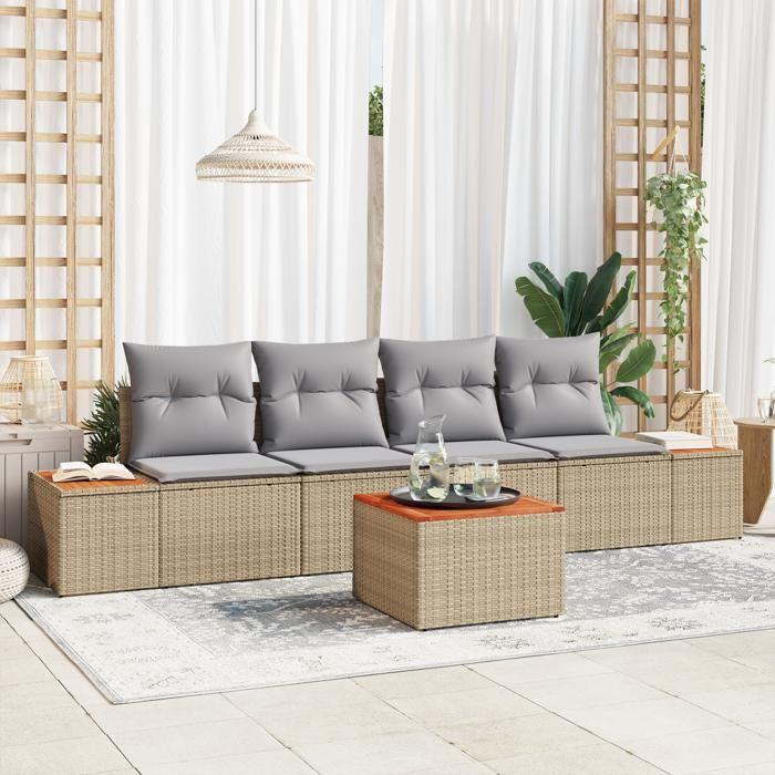 VidaXL Ensemble de Canapés de Jardin 5 Pièces avec Coussins Beige Rattan Acacia 3348021