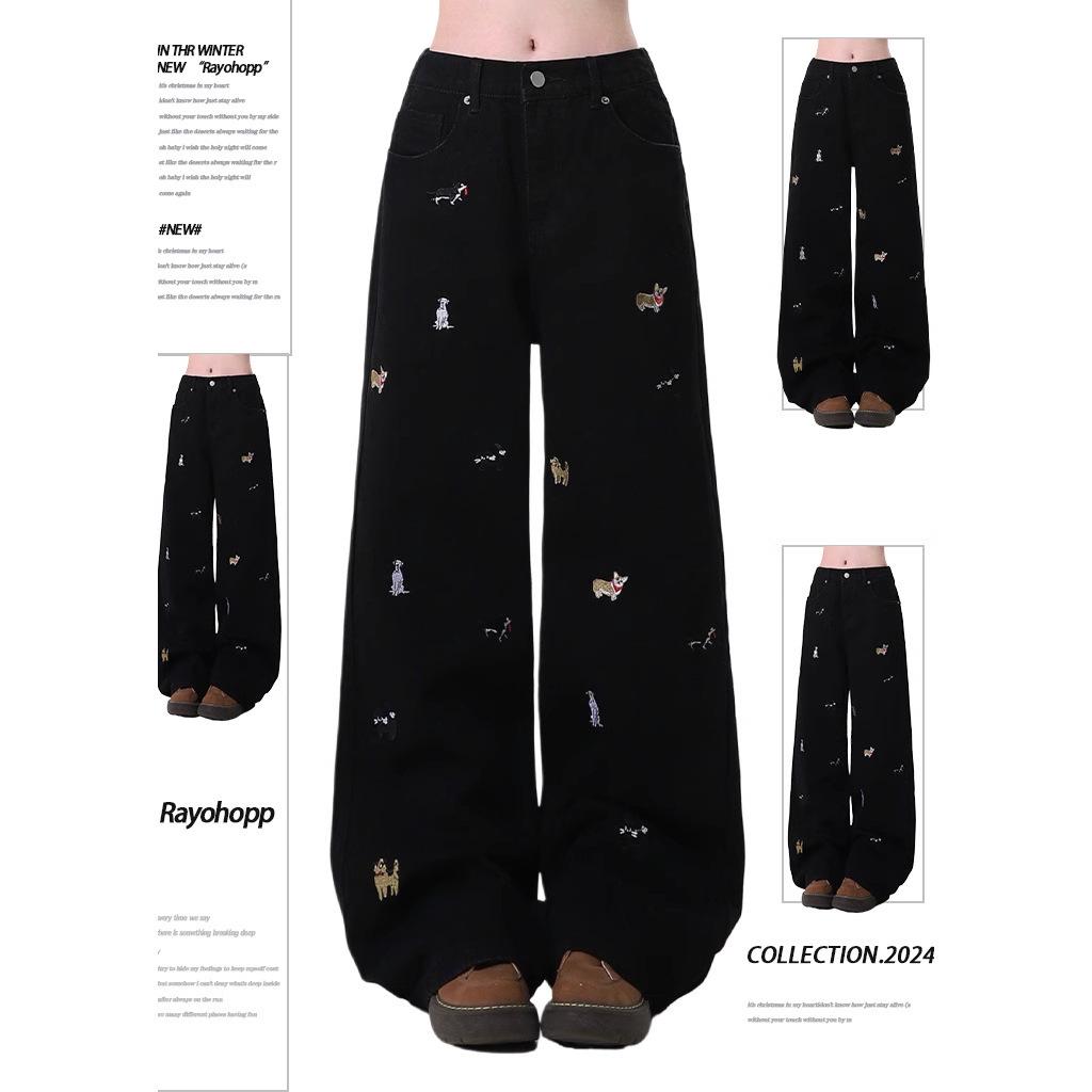 

Women s High Street Trend: Fun Puppy Embroidery Straight-Leg Jeans Large чёрный